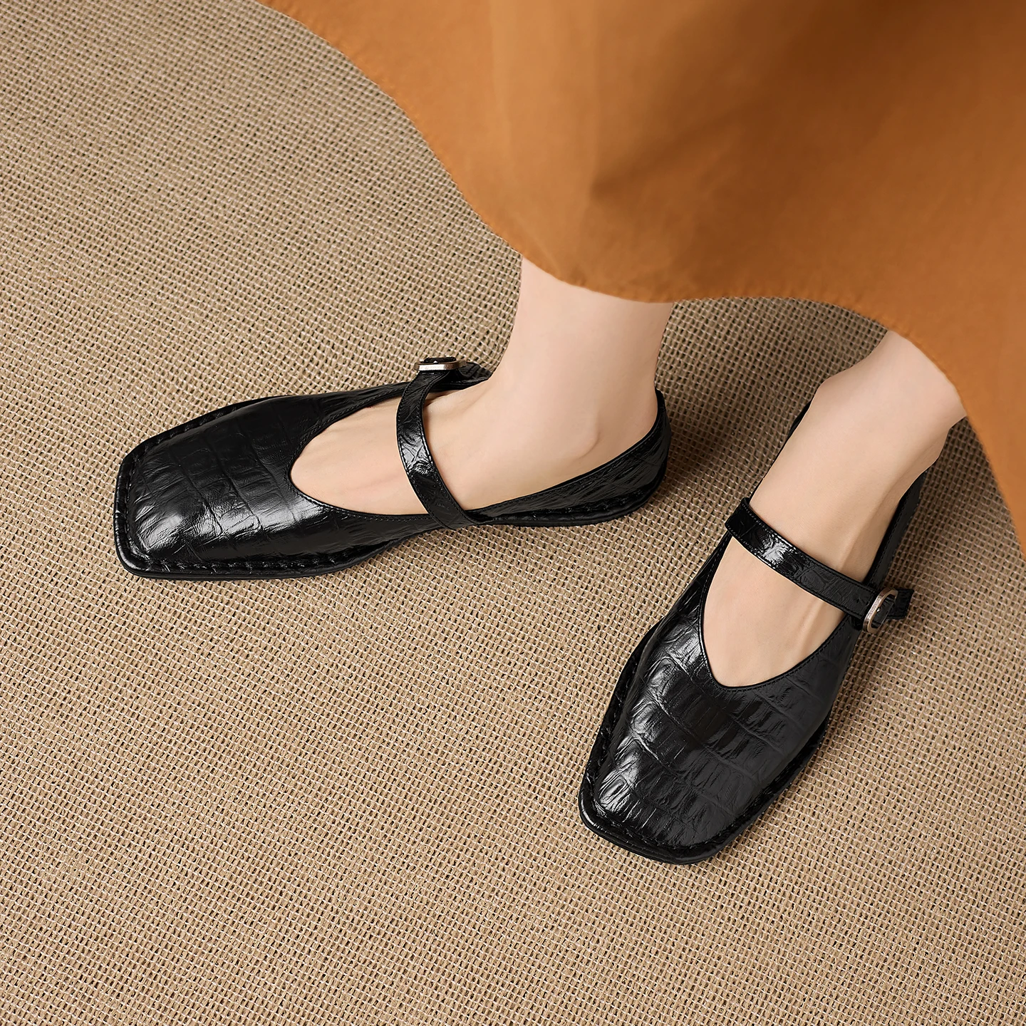 Women's Genuine Leather Mary Jane Flats with Square Toe