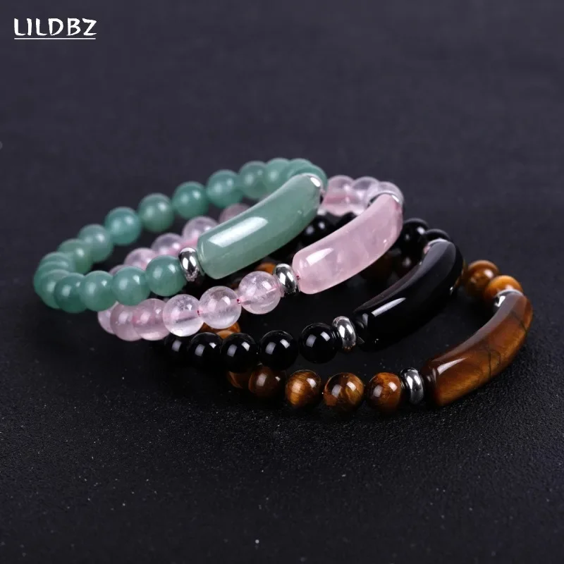 Natural Stone Elastic Bracelet Aura Healing Pink Spar Green Aventurine Tiger\'s eye Crystal Rectangular Long Bracelet for Women