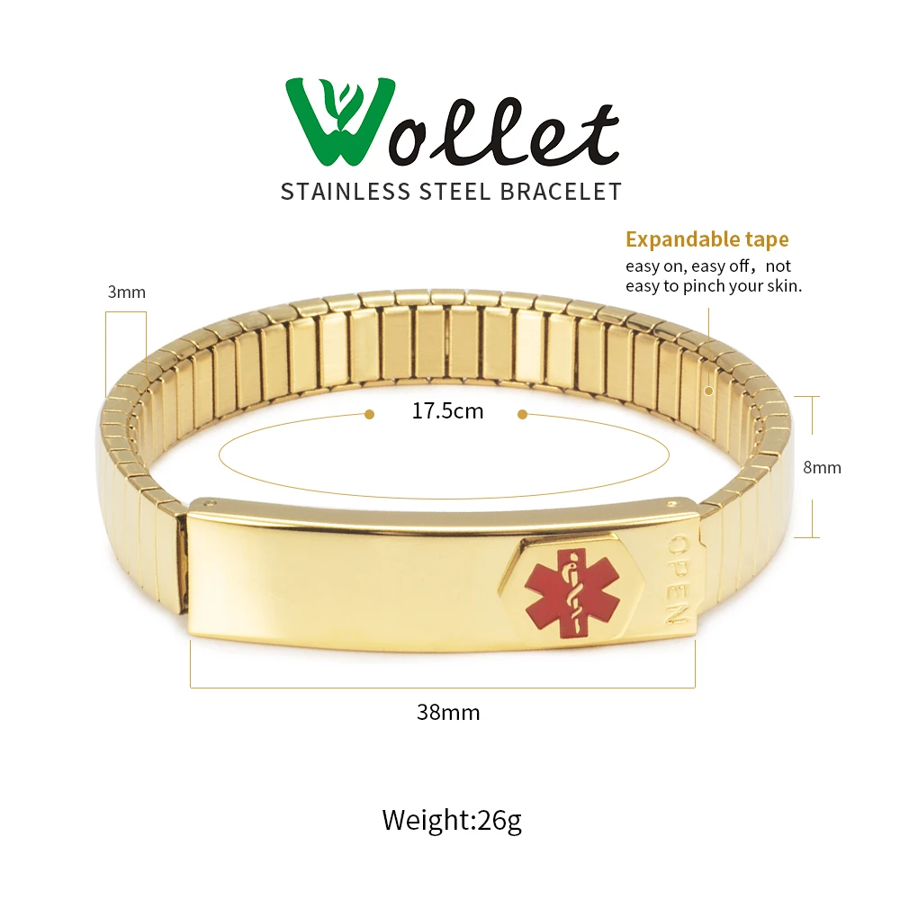 Wollet Women Medical Alert ID Gold Stainless Steel Personalized Emergency Adjustable Elastic Bracelet