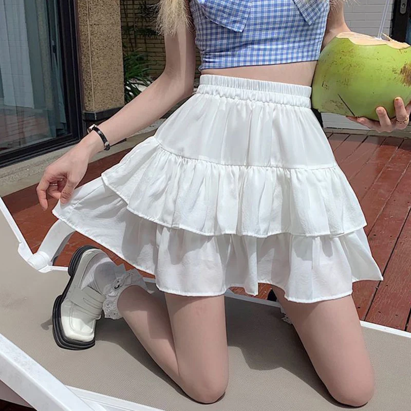 Summer White Pleated A-Line Skirt Women Elastic Waist Ruffle Sweet Mini Skirt Woman 2025 Korean Fashion Cake Short Skirts Female
