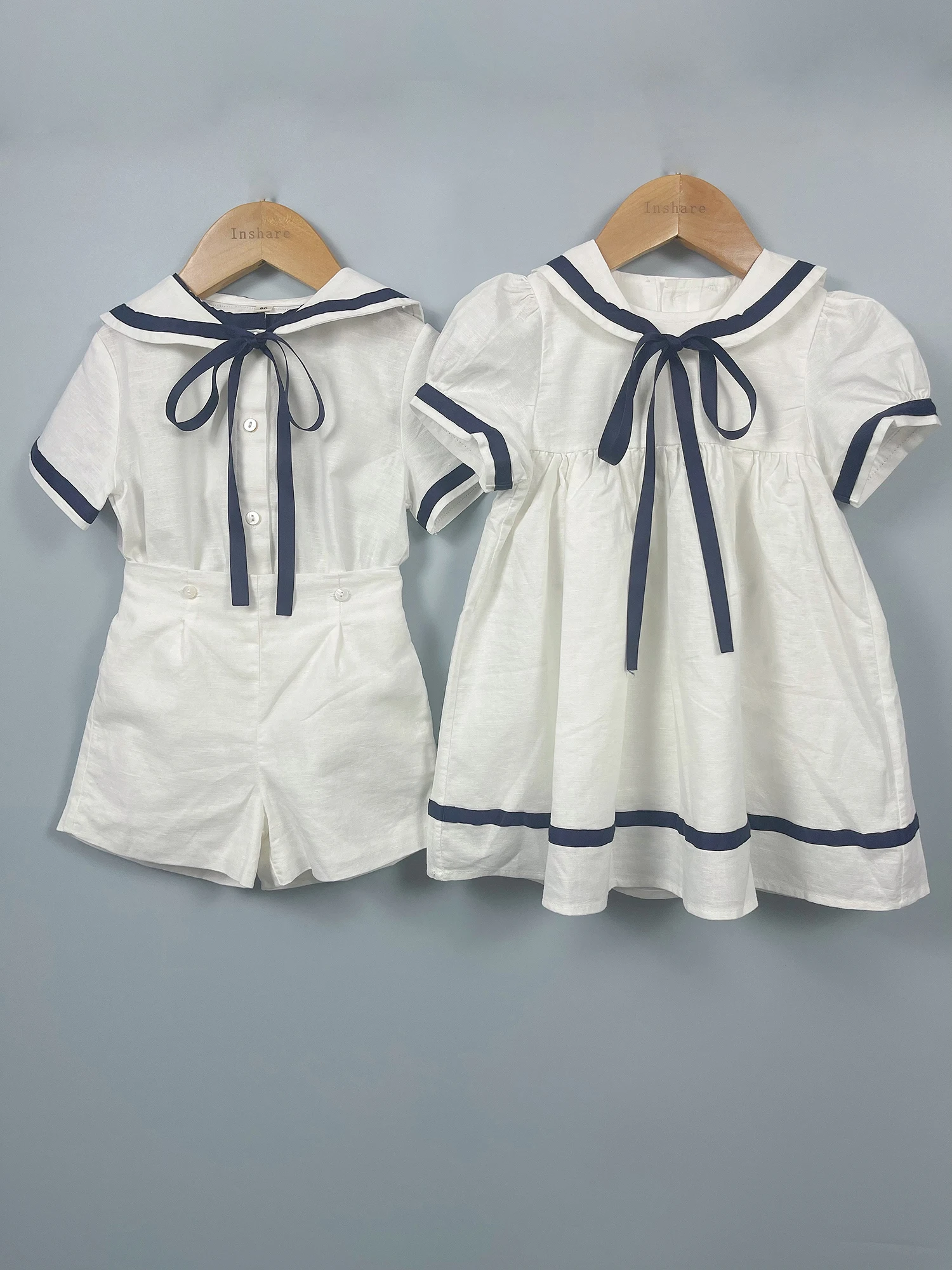 Summer Navy Sister Brother Clothing White Cotton Linen Fabric with Bblack Ribbon Comfortable Breathable Daily Outfit Performance