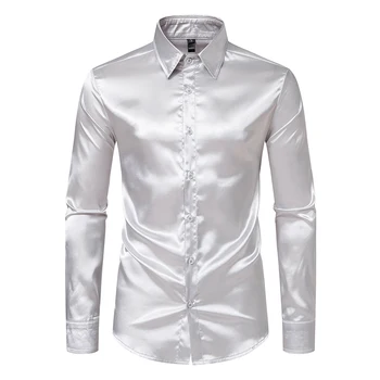 Men's Black Satin Luxury Dress Shirts Fashion Silk Smooth Tuxedo Shirt Solid Wedding Party Prom Casual Shirt Business Office 3