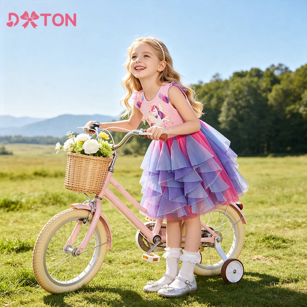 DXTON Sleeveless Princess Dress Irregular Mesh Patchwork Baby Girls Dresses Unicorn Cotton Toddler Birthday Gift Party Clothing