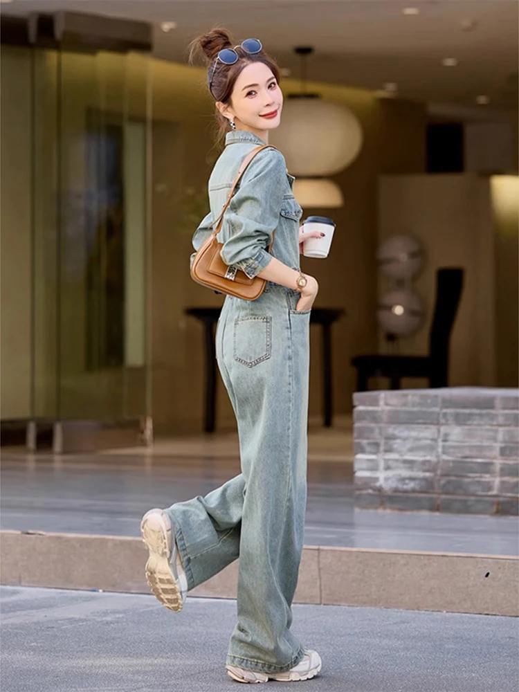 Tuta di jeans semplice alla moda in stile americano autunno donna manica lunga monopetto dritto generale streetwear femminile