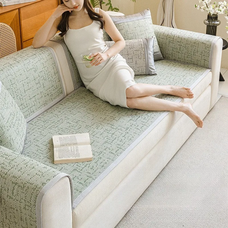 Summer Rattan Mat Cooling Sofa Cover Mat Universal Fit for Living Room Furniture Protection Breathable Non Slip Couch Slipcover