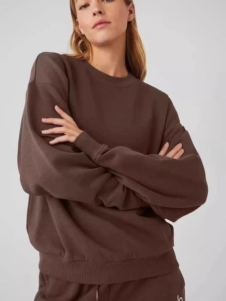 Sudaderas con capucha informales con cuello redondo para mujer, Top de manga larga, Jersey holgado clásico liso de otoño, sudaderas deportivas grises a la moda para mujer