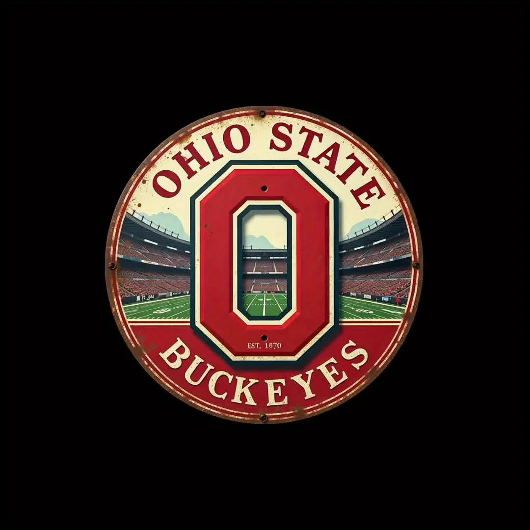 موضوع شعار ولاية أوهايو Buckeyes، لافتة حديدية مستديرة معدنية مسطحة ثنائية الأبعاد - غرفة معيشة فريدة من نوعها، عائلة، حديقة، فناء، ديكور جدار البار