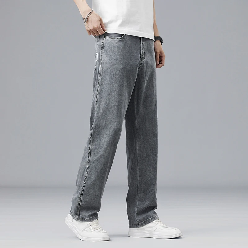 Men Lyocell Loose Straight Jeans Summer Ultra-thin Drape Soft Denim Pants Elastic Ice Silk Feel Casual Daily Male Trousers