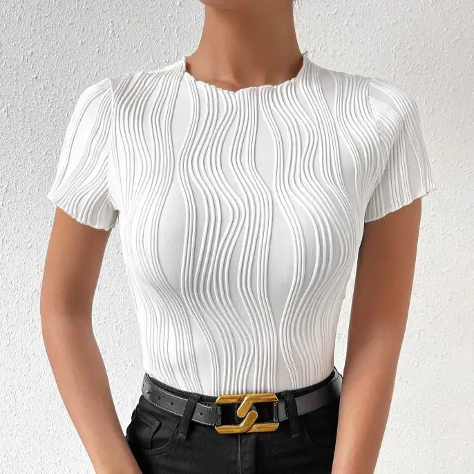 

Slim Fit ort Sve Women's T-irt Vertical Stripe Sweet Sle Polyester Fabric Summer Collection Casual Comfortable Top