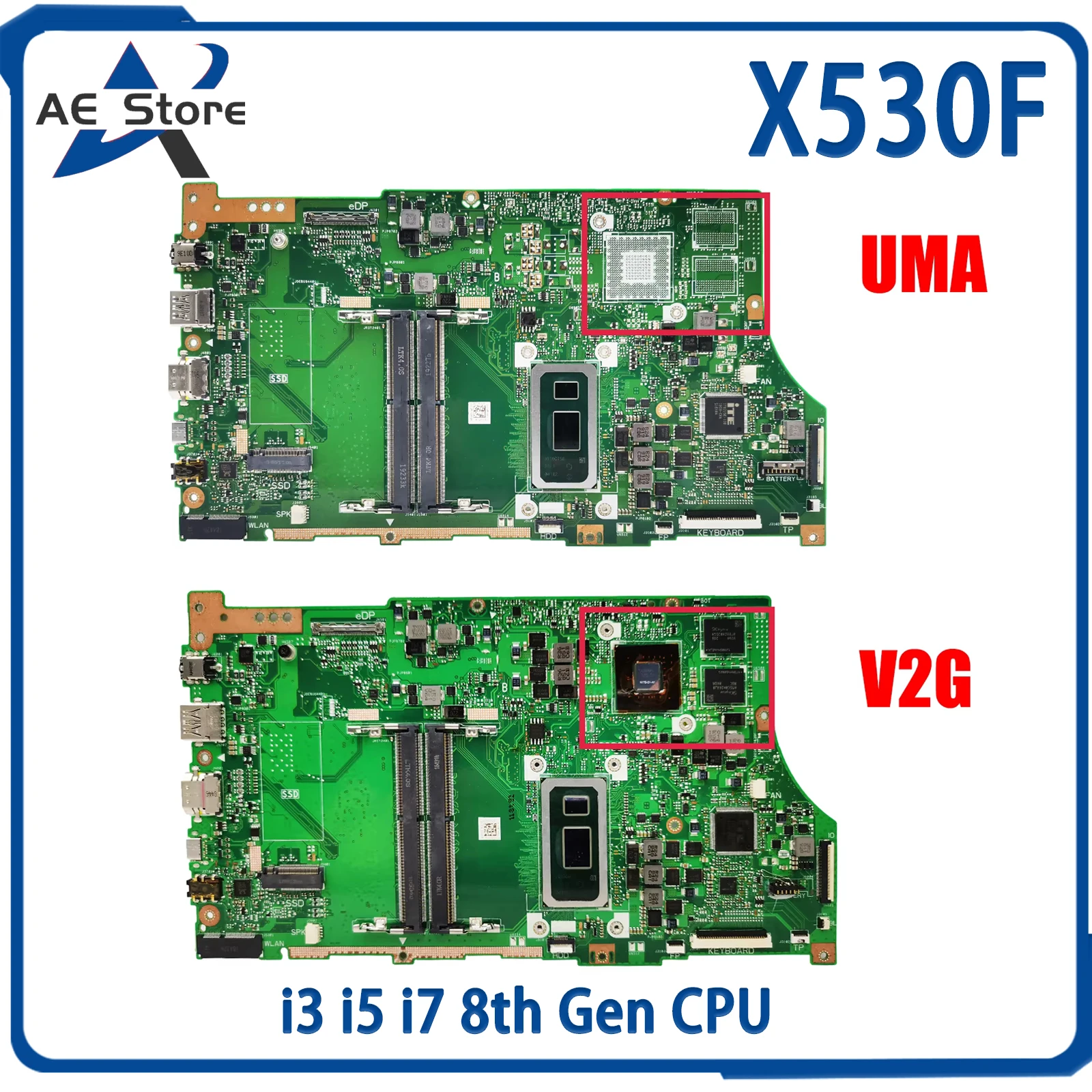 AE X530F Carte Mère Pour ASUS X530FN X530FA S530F S530F U5300F V530F K530F Ordinateur Portable Carte Mère avec i3 i5 i7 8ème Gen CPU