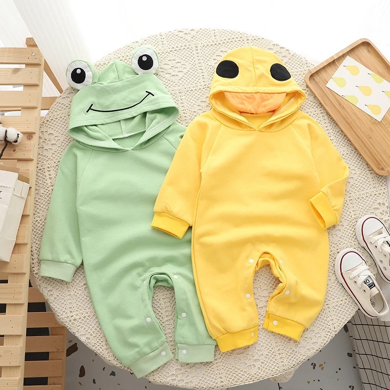 Unisex Baby Spring-Fall Hooded Jumpsuit Infant Solid Color Dual-Purpose Crotch Romper Christmas Cute Frog Outdoor Bodysuit
