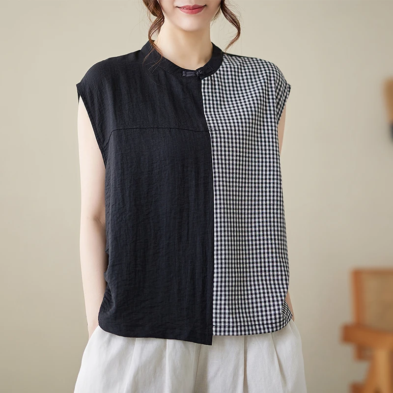 

2024 New Arrival Tops Tees Summer Casual Cotton Linen Woman Clothing Sleeveless Floral Print Patchwork O-neck T-shirts V464