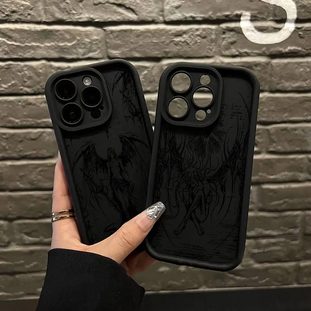 

Luxury Black Angel Death Demon Phone Case For iPhone 17 16 15 14 13 12 11 Pro Max 16E Plus INS Soft Cover