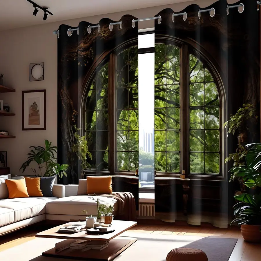 

Шторы блэкаут с узором «Лесной пейзаж», сцена из природы, горы, на кольцах, для спальни, гостиной, затемняющие, 2 шт.