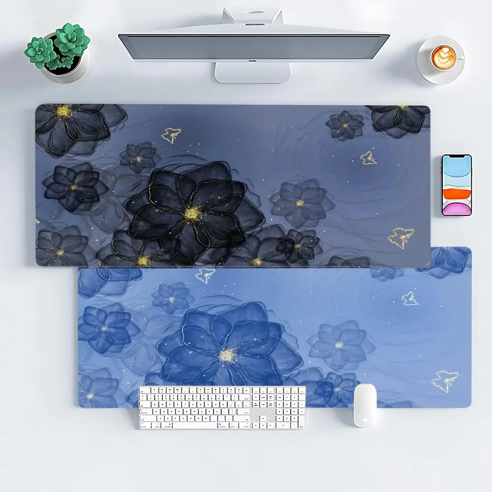 

Blue Flowers Design Mouse Pad Large Computer Office Game Table Mat XXL Rubber Anti-slip Stitch Edge Keyboard Mats Long Desk Pads