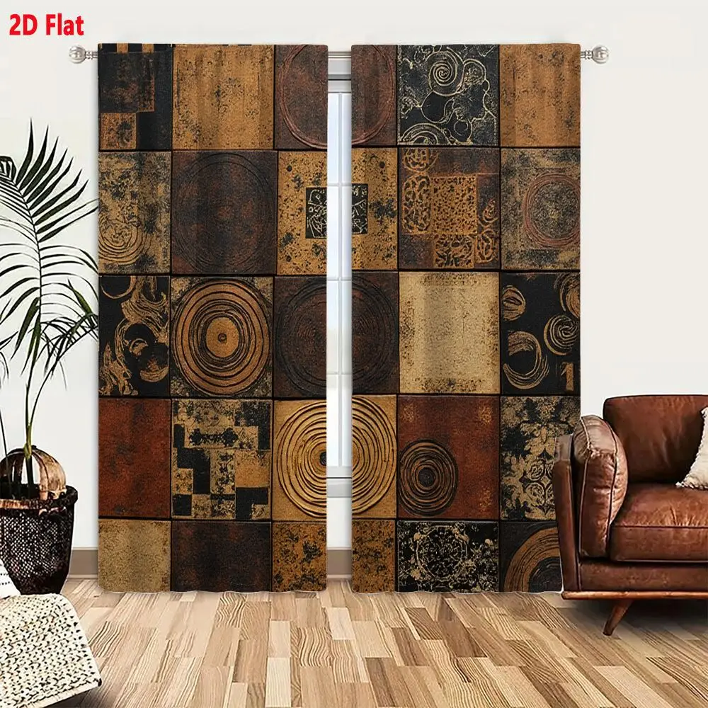 2Pcs Curtains 2D Flat Distressed Tiled Surface Wall Floor Decorative Patterned Tiles Warm Browns Beiges Blacks Concentric Rings