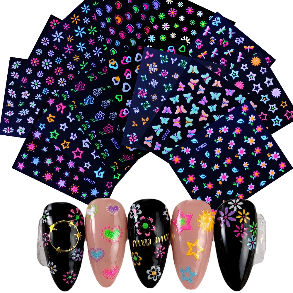 24Pcs Fluorescence Flower Design Nail Art Sticker Colorful Daisy Floral Bow Tie Heart Butterfly Design Nail Supplies Women&Girls