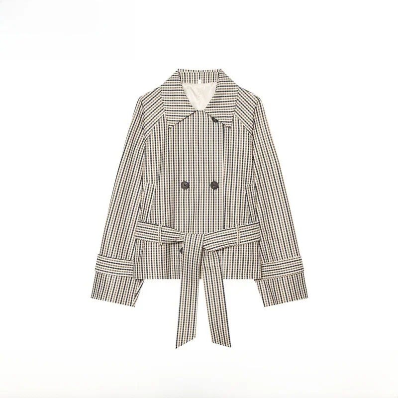 Early Autumn New Arrival Women's Fashion Plaid Short Straight Cut Belted Coat Polyester Fiber Long Sleeve with Inner 