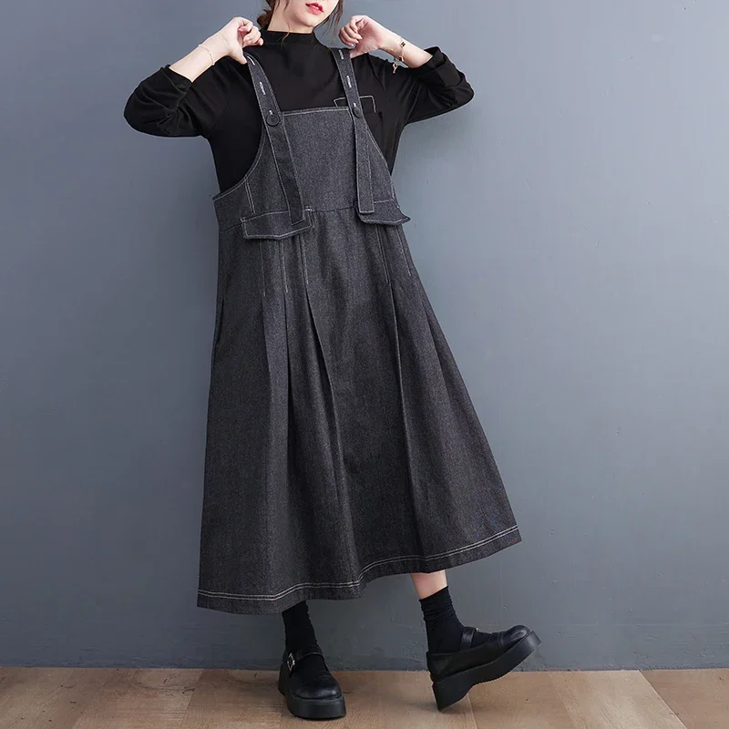 Large Size Sleeveless Sundress Women Denim Strap Dress Spring Autumn Oversized Casual Loose Jeans Dresses Suspender Skirt