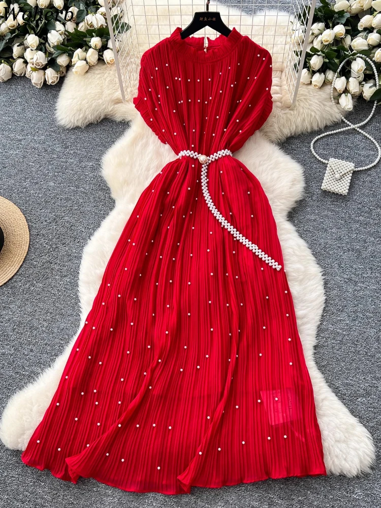 

Vintage Robe Femme Ruffled Collar High Waist Dresses for Women Korean Tunic Pearl ​Temperament Maxi Dress 2025 Vestidos De Mujer