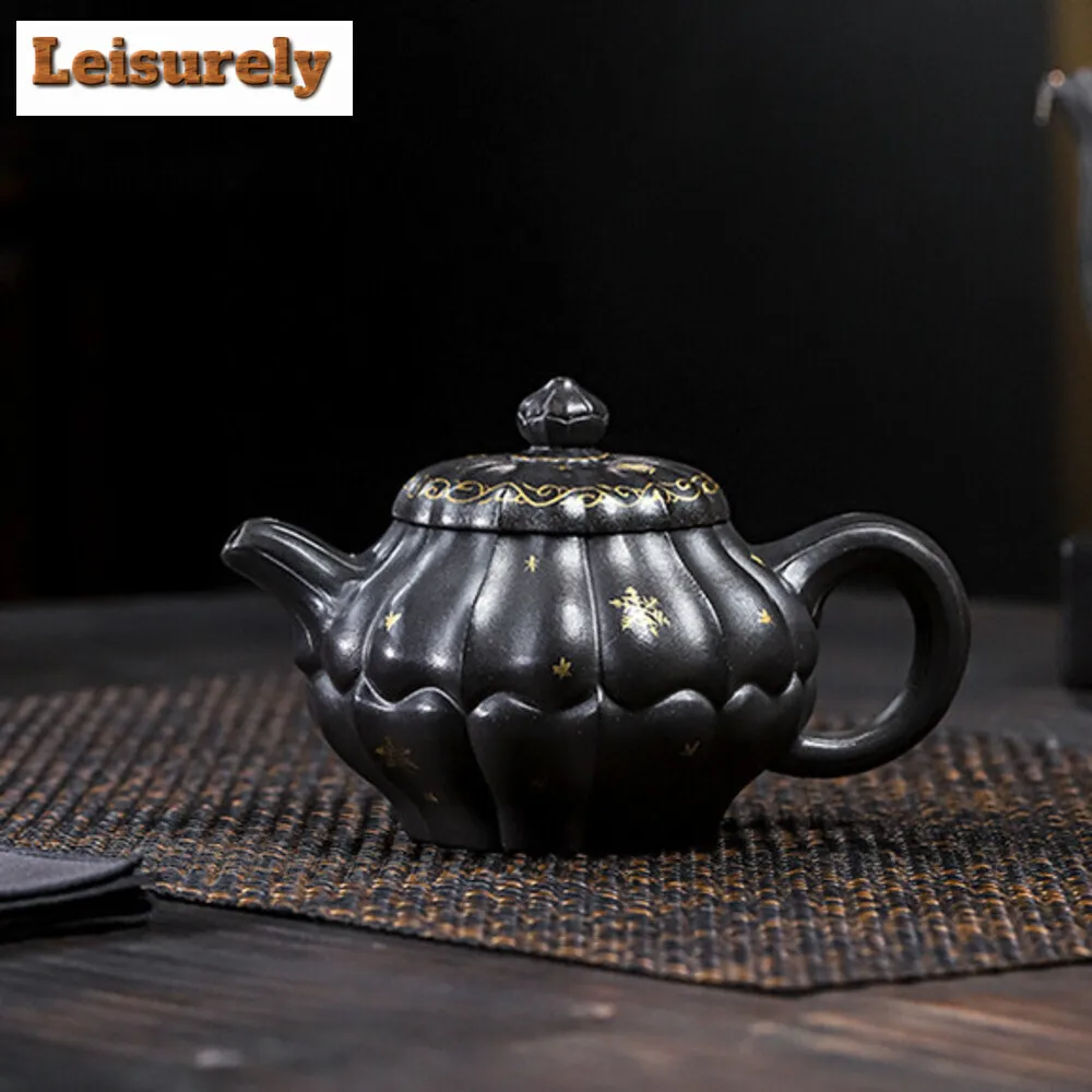 

270ML Vintage Yixing Purple Clay Teapots Handmade Petal Pot Raw Ore Azure Mud Tea Making Kettle Chinese Zisha Tea Set Ornaments