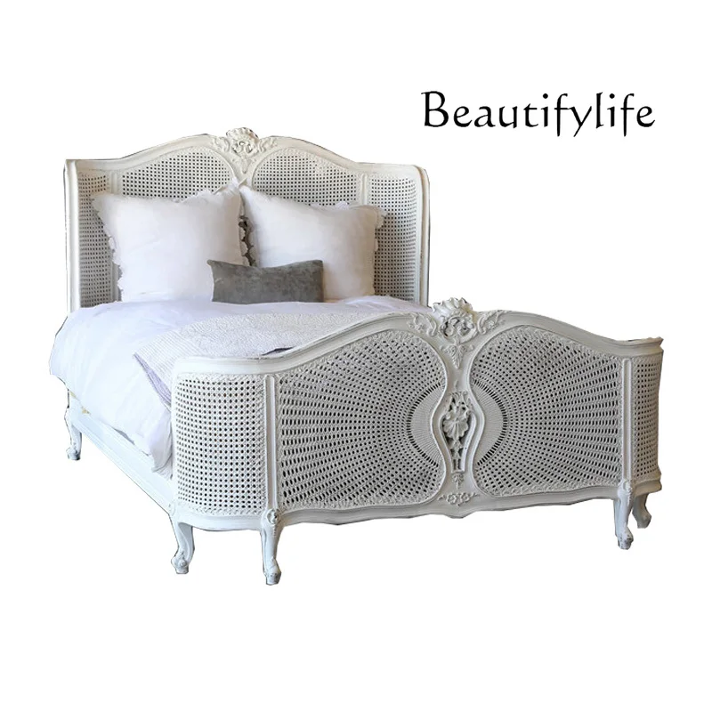 

French solid wood carving flower double bed log all solid wood rattan bed antique European bed