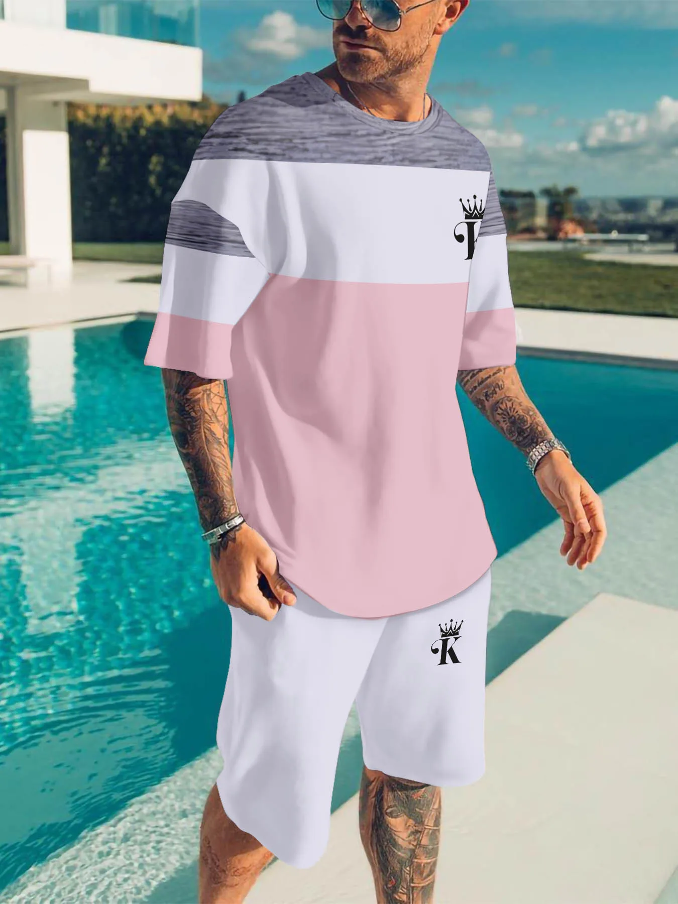 

Мужской летний комплект с круглым вырезом и короной, королевский цветной принт, роскошные повседневные уличные дышащие быстросохнущие модные шорты на шнурке