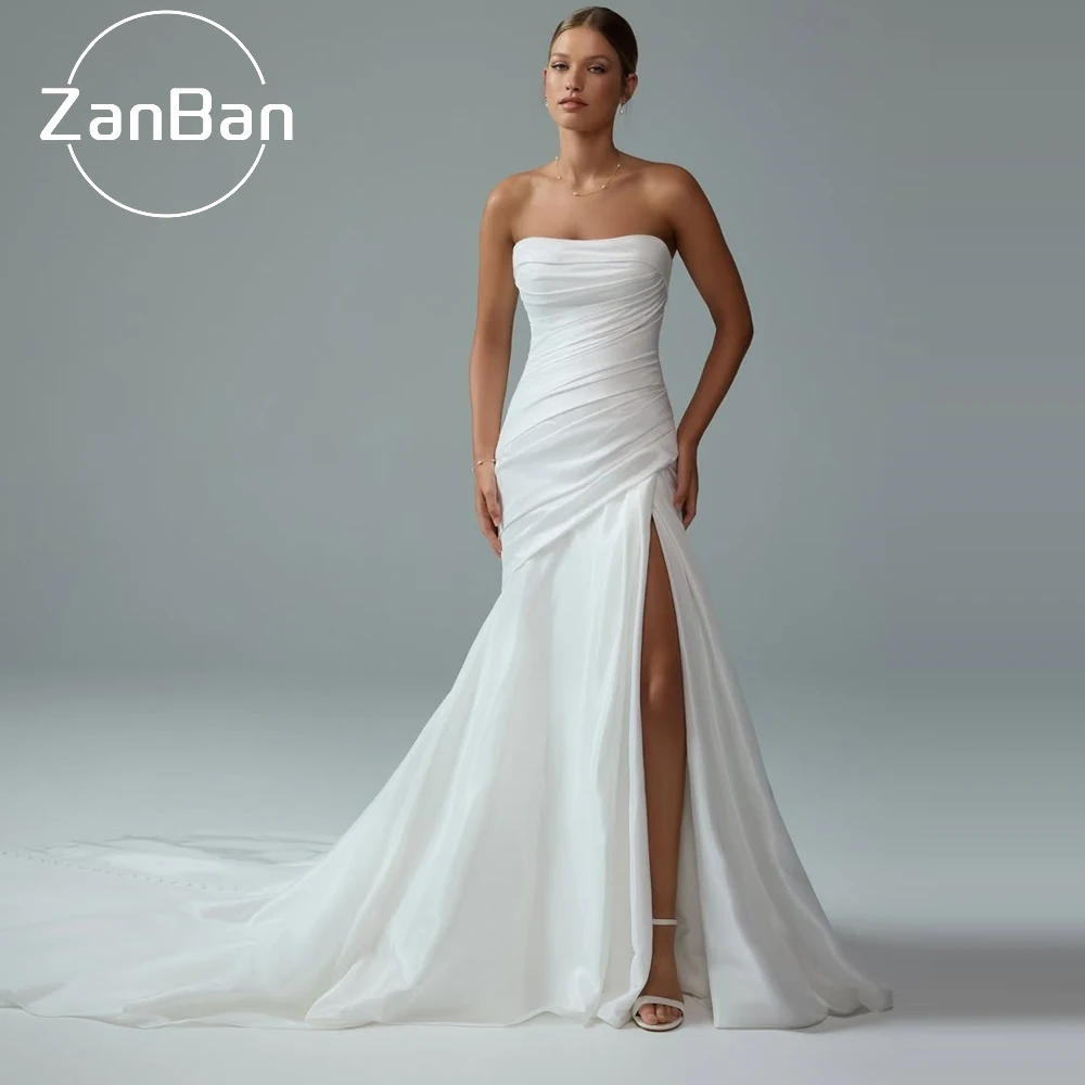 ZanBan New Elegant Mermaid Wedding Dresses 2026 Sleeveless Pleat Court Train Side Slit Robe De Mariée Bridal Gowns Customised