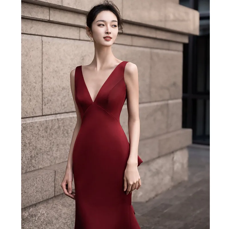 

Красное вечернее платье Ele с V-образным вырезом, облегающее, сексуальное, с длинным шлейфом, для свадебного приема, для молодых женщин 8-25 лет