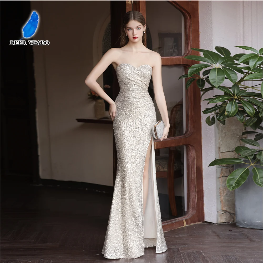 

DEERVEADO 6 Colors Women's Sexy High Split Evening Dresses Long Chic Mermaid Wedding Party Dress Sequins Prom Gowns
