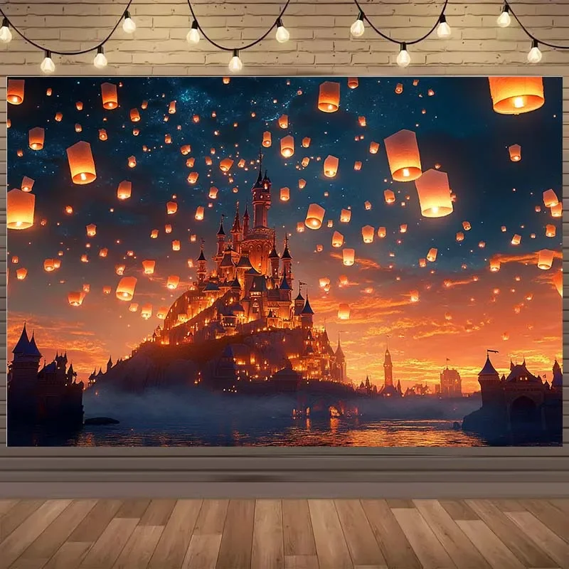 1 fondo de fantasía de castillo psicodélico y linterna: cielo nocturno vívido lleno de luz flotante, perfecto para Navidad