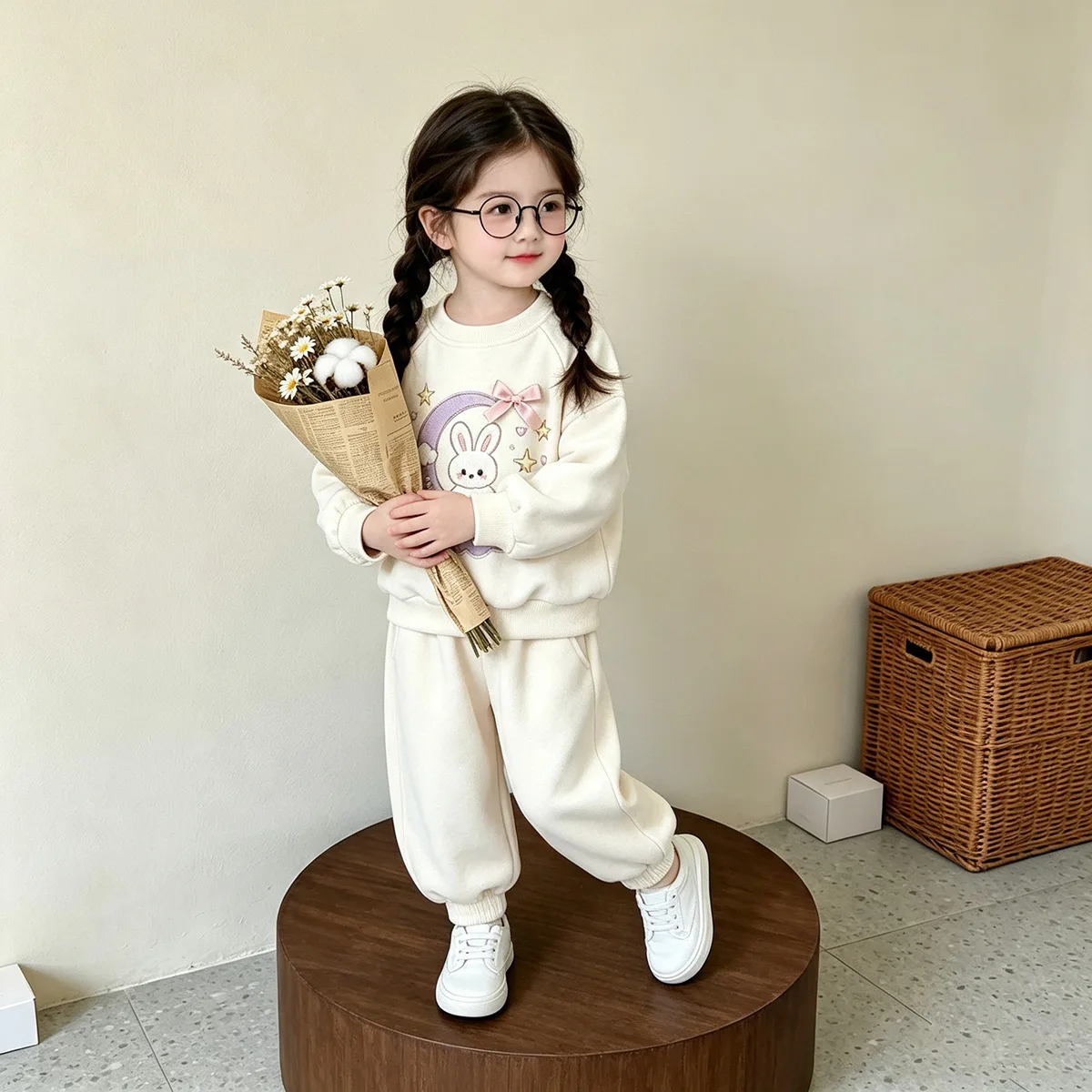 Mädchen Frühling Herbst Cartoon Sweatshirt-Set – Oberteil mit Hasen-Print & Hose mit Schleife, 2-teiliges Freizeitoutfit für Kinder – Detail 5