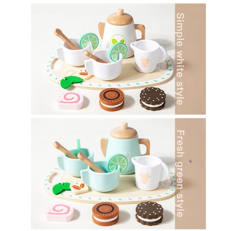 Kids Wooden Educational Toys Pretend Play Tea Dessert Set Role Play Game for Kindergarten Toddlers