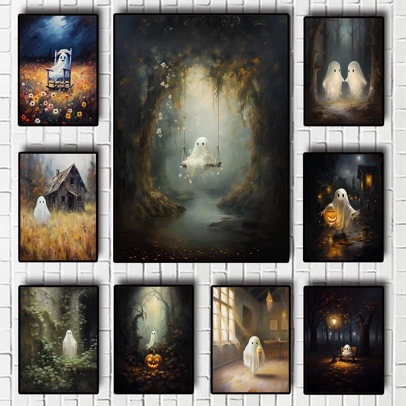 Halloween Ghost Poster Cute Ghost Forest Canvas Printing Poster Wall Art Festival Decoration Painting For Home Living Room Decor