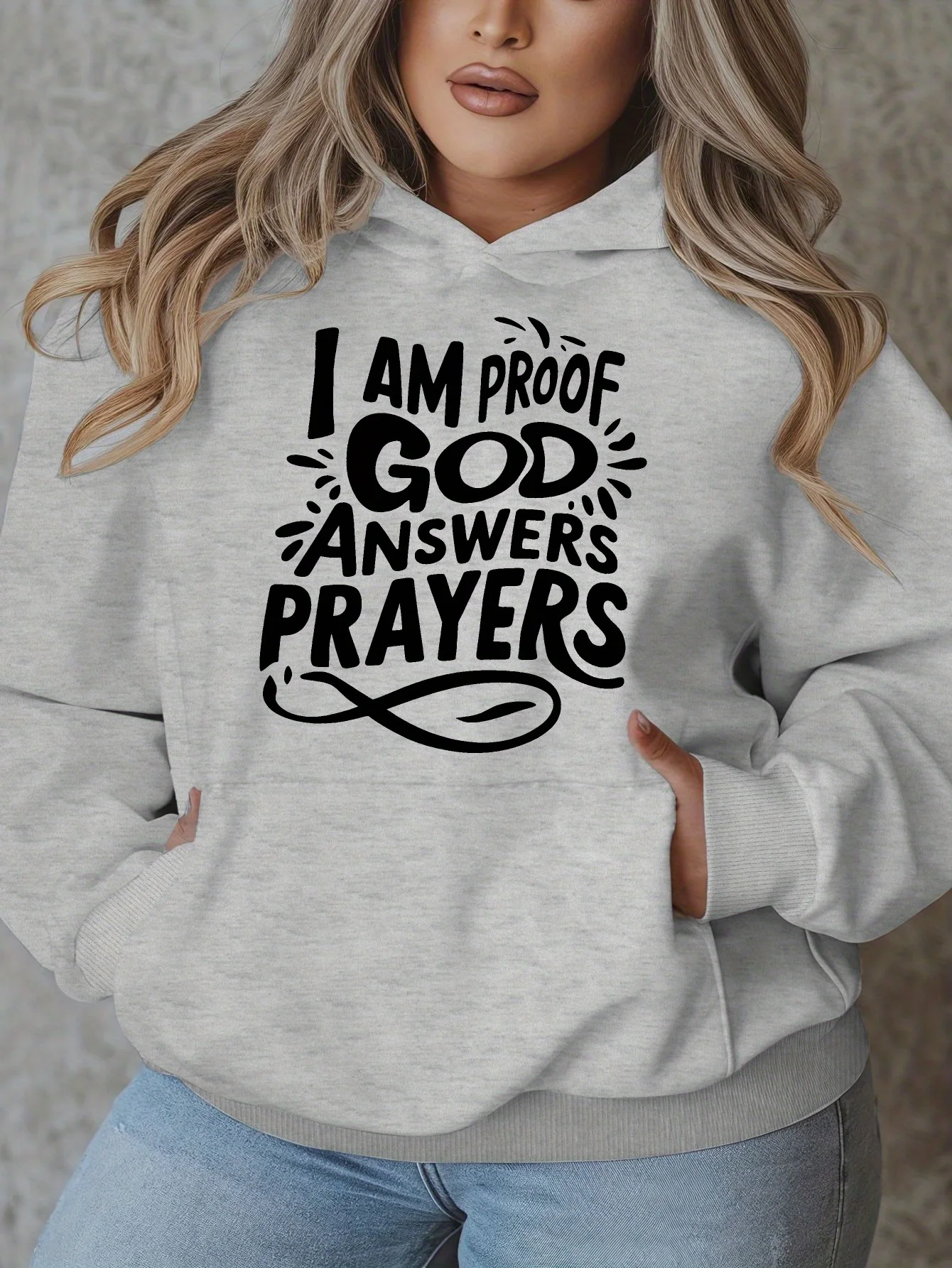 سويت شيرت كاجوال بقلنسوة مع أنا برهان إجابة الله الصلاة طباعة بلوفر بأكمام طويلة مع جيوب تصميم هندسي نابض بالحياة