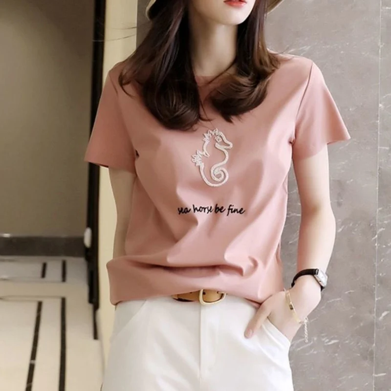 2023 Summer New Fashion Cotton Comfortable T-Shirts Women Round Neck Short Sleeve Kawaii Printing Pullovers Korean Style Tops