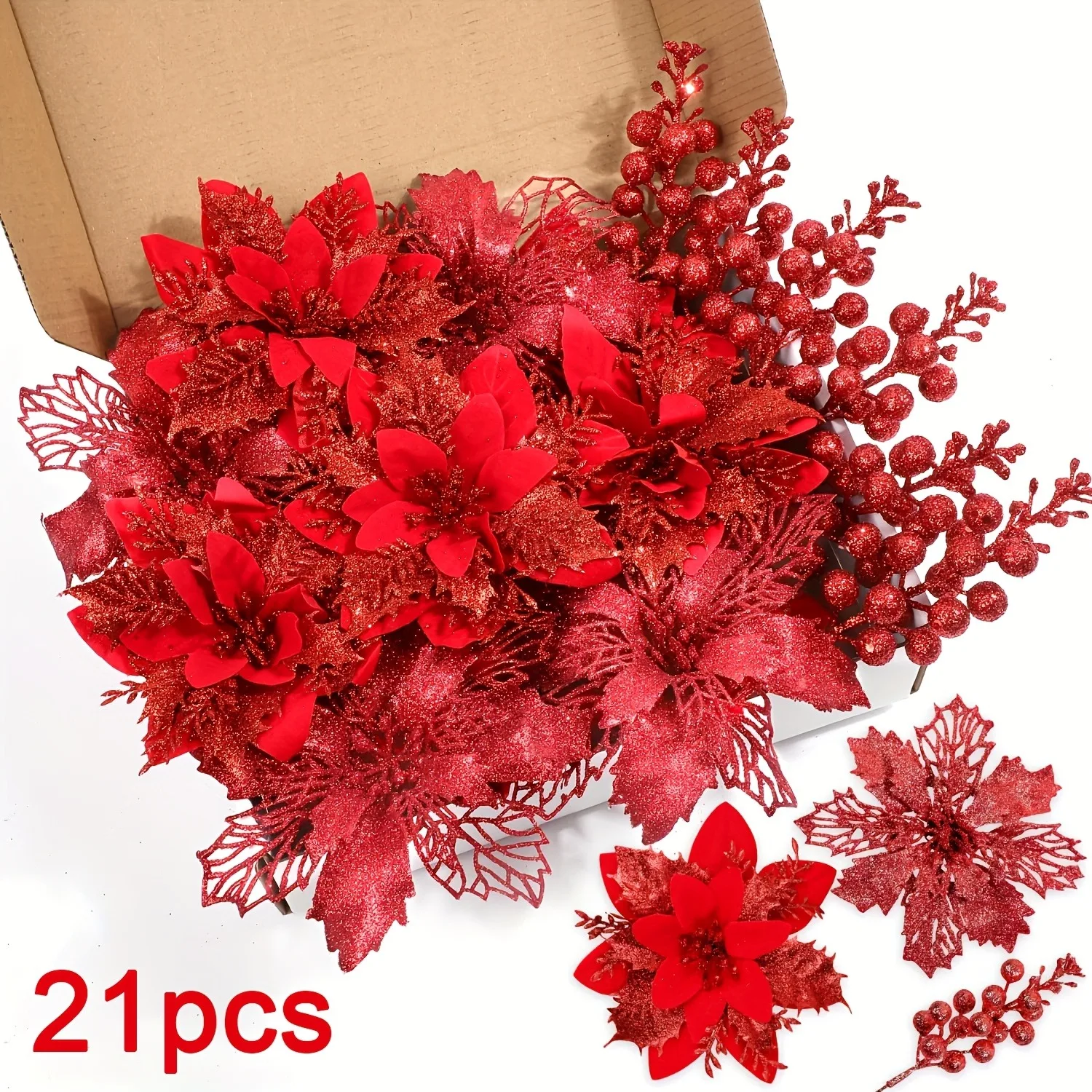 21 Stück künstliche Blumen, Beerenstrauß, Weihnachtsdekoration, Vase für Zuhause, Raumdekoration, künstliche Blumen, Girlande, Ornament-Zubehör – Detail 7