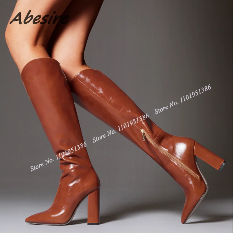 

Abesire Red Chunky High Heel Square Heel Boots Patent Leather Knee High Pointed Toe Shoes for Women High Heels Zapatillas Mujer