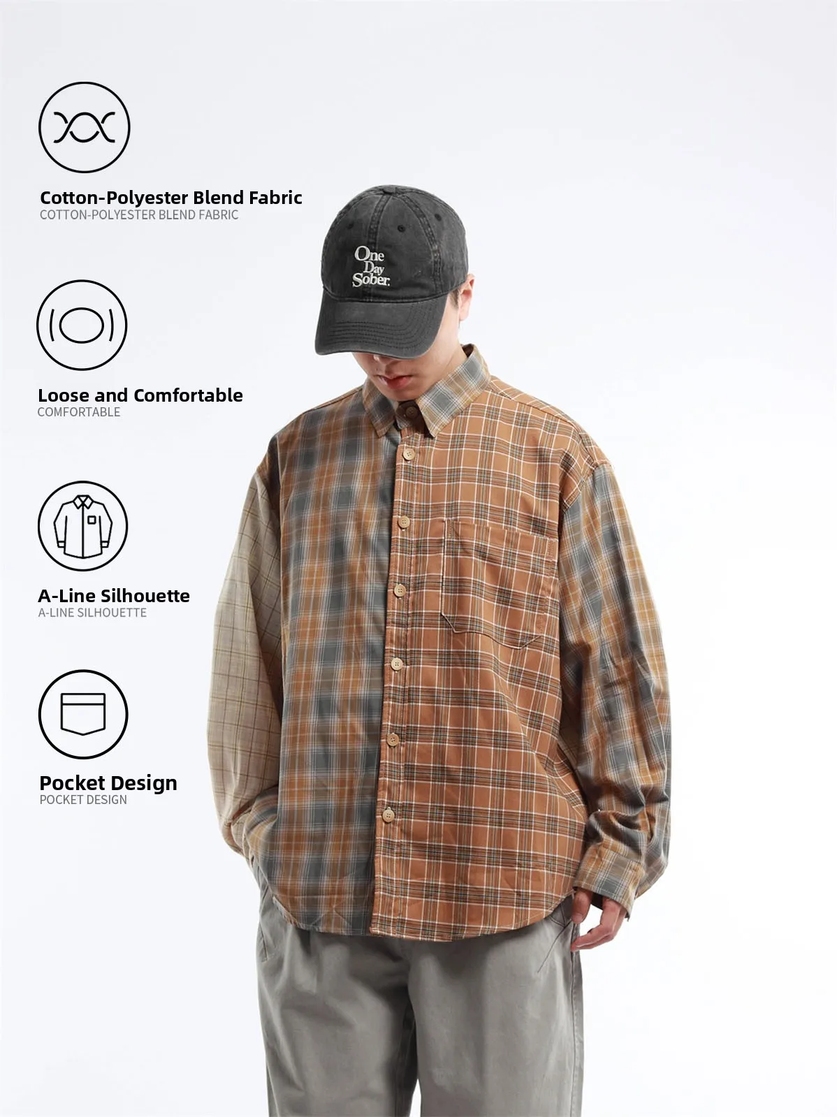 Retro Japanese Style Long Sleeve Loose Fit Plaid Button up Shirt Men's Spring Asymmetrical Splicing Open Cardigan Breathable