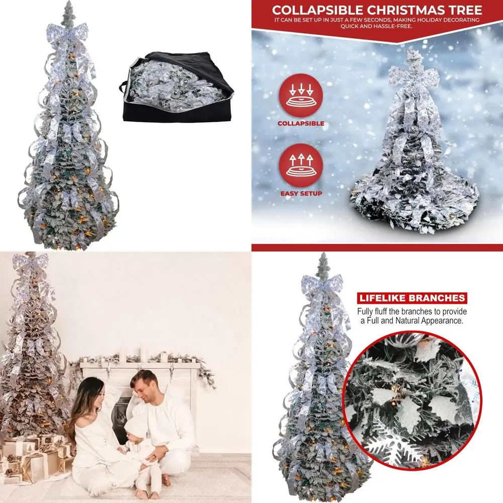 

Флокированная рождественская елка высотой 6 футов со складным дизайном, набором украшений, лентой, подставкой и теплыми огнями на базе UL для