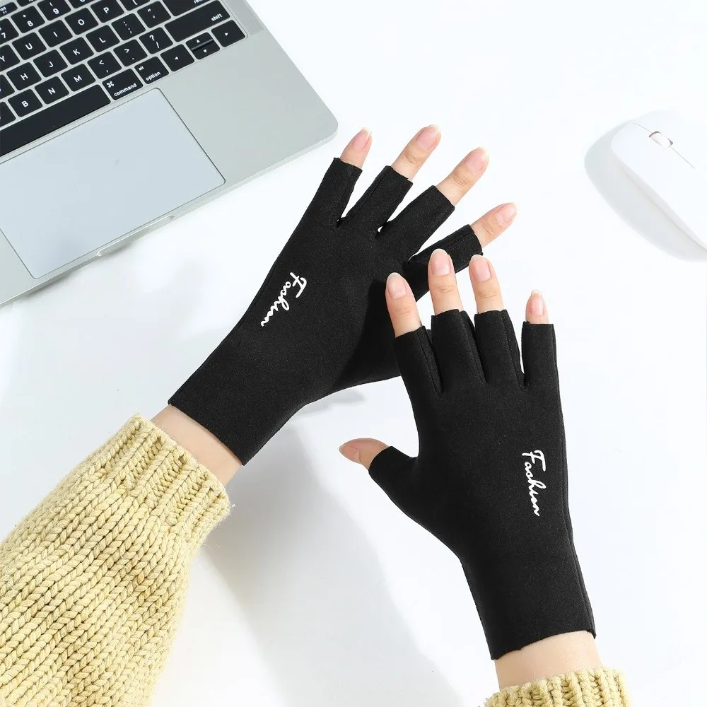 

Solid Color Half Finger Gloves Thin Style Warm Fleece Lined Touchscreen Gloves Breathable Non-Slip Semi-Finger Mittens