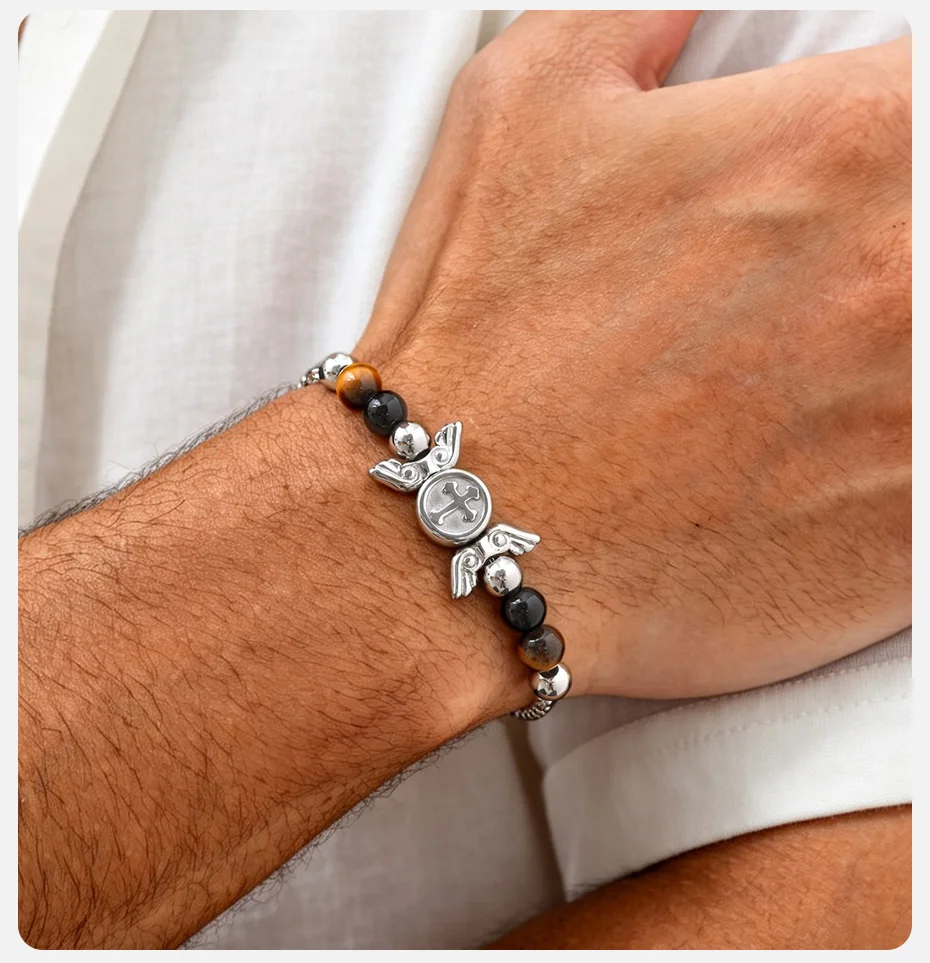 Vnox Kreuzflügel Tigerauge Schwarzer Onyx Perlenarmband für Männer und Jungen, Edelstahl-Kastenkette, Verstellbarer Religiöser Schmuck Geschenk – Detail 3