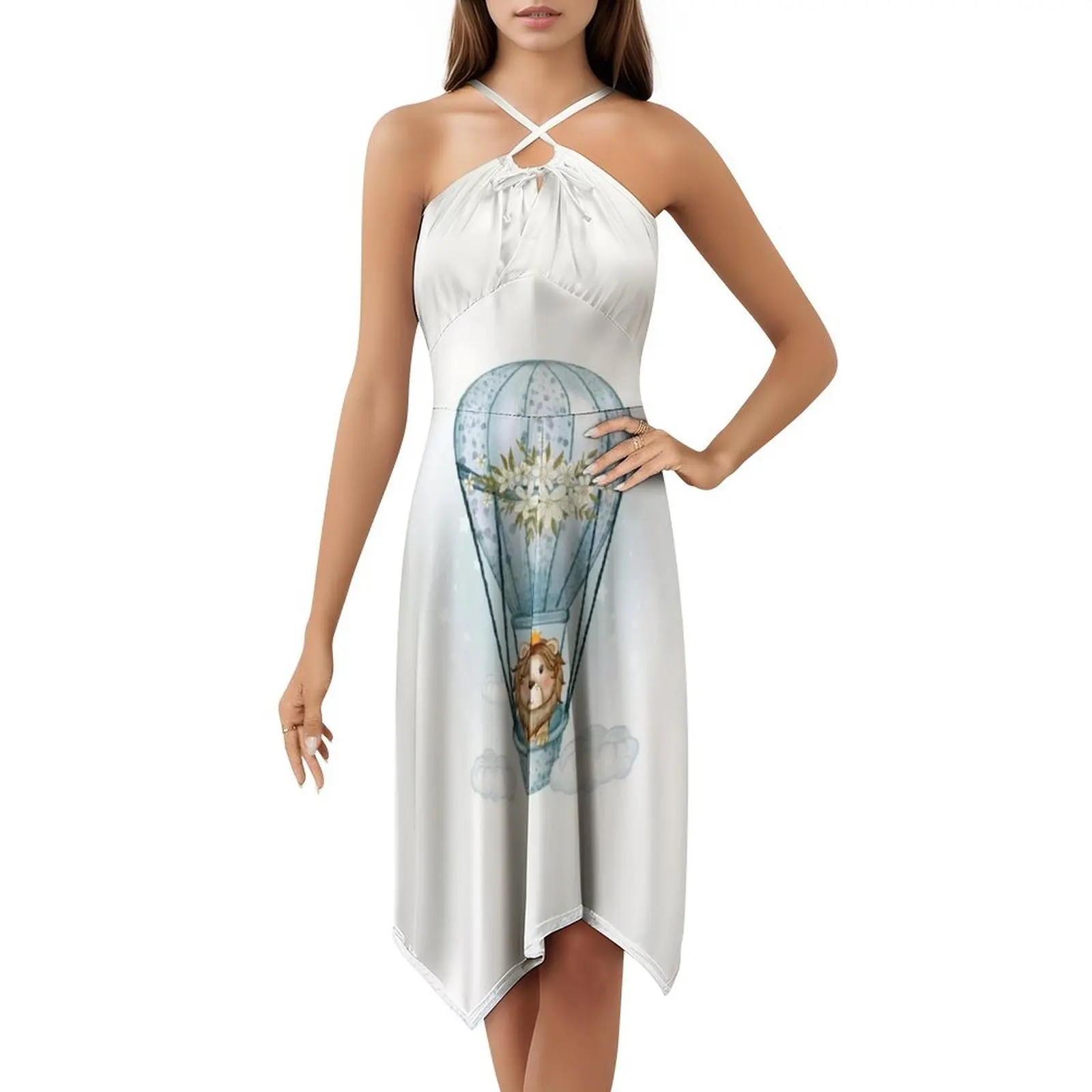 Little Lion In Hot Air Balloon Above The Clouds Sweetheart Neckline Dress Elegant Summer Party Dress For Women Lion Lion Head