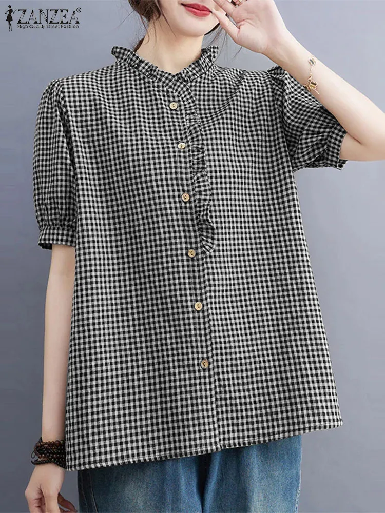 ZANZEA Casual Women Blouse Loose Fashion Shirt Spliced Ruffle Checked Grid Tunic Top Button Up Short Puff Sleeve Summer Blouses