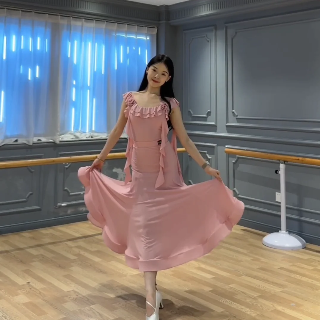 여름 왈츠 볼룸 댄스 복장 여성 댄스 복장 핑크 탑 스커트 연습 의류 공연 연습 복장