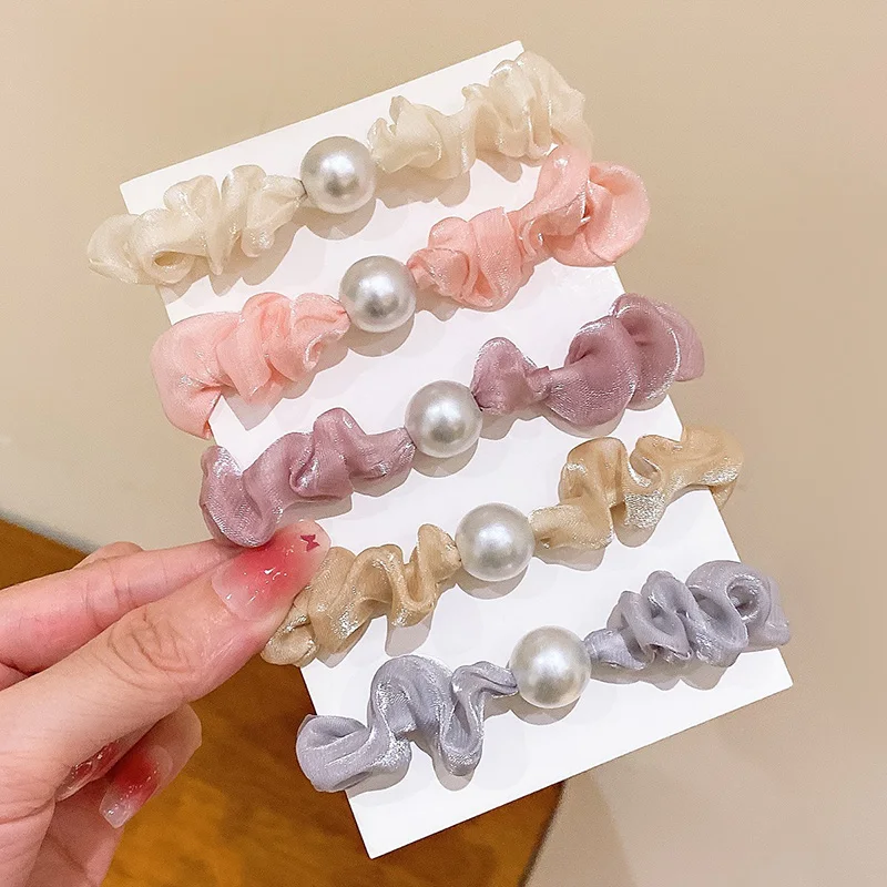 

Chic Satin Scrunchies For Women Girls Fashion Silk Hairband With Pearl Headband Elastic Gum For Hair Rubber Hair Accessories Set