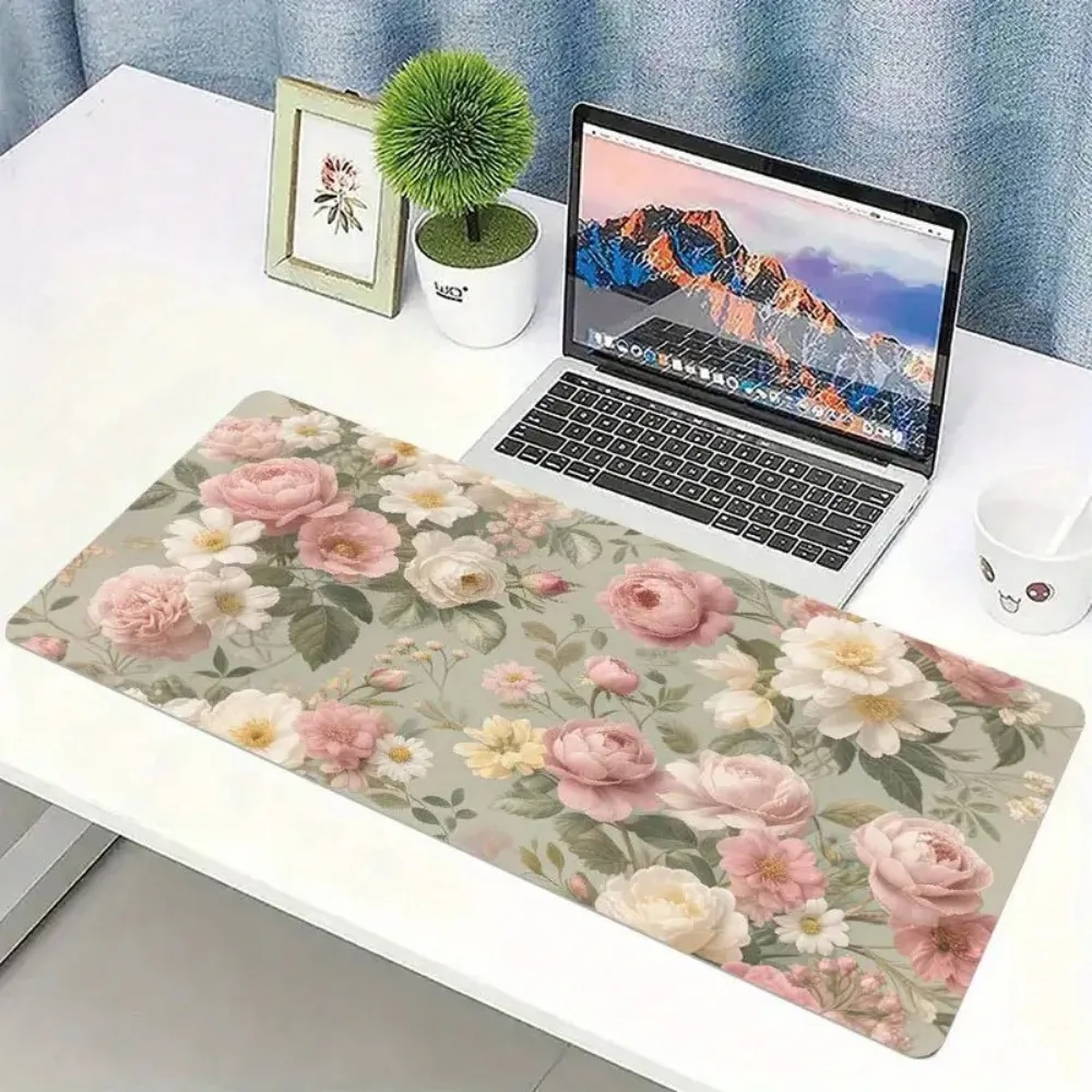 Bohemian floral tablecloth - non-slip and soft, featuring pink, white, green, and beige rose and daisy prints, made PC material