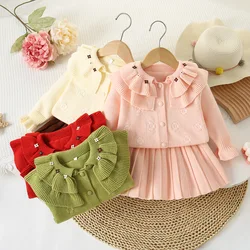 Two-piece Set for Girls Lace Lapel Long Sleeves Flower Knitted Pullover+Knit Pleated Skirt Girls Sweater  Girl Cardigan Kids