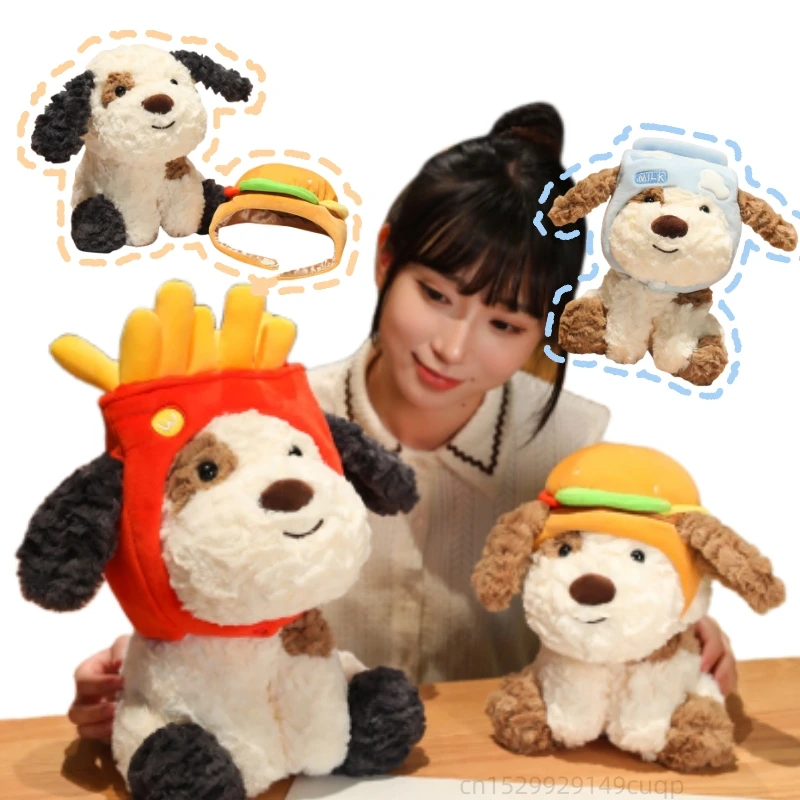 High Quality Cartoon Creative Food Head Cover Dog Plush Doll Pillow Hamburger Fries Milk Hat Super Soft Spotted Dog Plush Doll