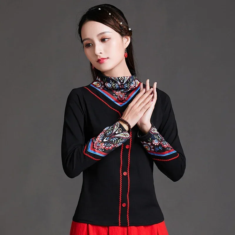 بلوزة تقليدية ريترو السيدات الياقة المدورة خمر تي شيرت سليم أنيق الصينية شيونغسام القمم للنساء FF247 MN1